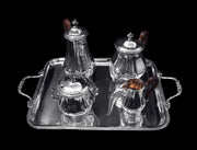 Puiforcat (Hermes): 4pc. Antique French Louis XVI Sterling Silver Tea Set + Tetard Sterling Serving Tray - MINT !