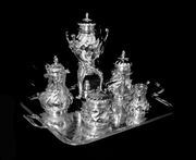 Risler & Carre - 5pc. Antique 19th Century French Sterling Silver & Vermeil Tea Set + Christofle Serving Tray !