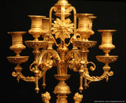 Barbedienne Style - Antique French Gold Plated Bronze Mantel Clock & Candelabra - 1860s