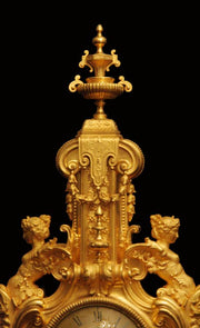 Barbedienne Style - Antique French Gold Plated Bronze Mantel Clock & Candelabra - 1860s