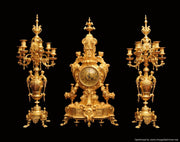 Barbedienne Style - Antique French Gold Plated Bronze Mantel Clock & Candelabra - 1860s
