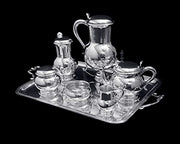 Puiforcat (Hermes) - 6pc. Hammer Finish 950 Sterling Silver Art Deco Tea Set + Serving Tray