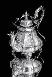SAVORY And Sons - 9pc. 19th Century Victorian (British) Sterling Silver Tea Set + Storage Wraps.