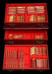 Henin - 108pc. Gold Plated Sterling Silver (Vermeil) Flatware Set + Storage Chest