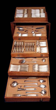 Savary - 146pc. Original French Art Deco 950 Sterling Silver Flatware Set, 17 Seg. Pcs., Storage Chest, Rare Mother of Pearl Knives.
