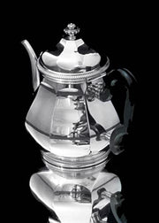 Tetard & Christofle - 4pc Art Deco "Gatsby Era" Tetard 950 Sterling Silver Tea Set + Christofle Serving Tray, 1920s, Museum Quality