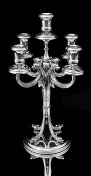Joseph Anysz - Two 5-Candle 20th Century Belgian 835 Silver Candelabra + Storage Wraps.