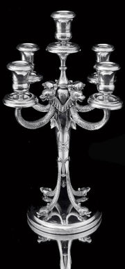 Joseph Anysz - Two 5-Candle 20th Century Belgian 835 Silver Candelabra + Storage Wraps.