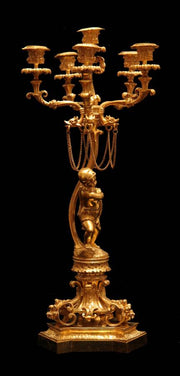 French - Two 19th Century Gold Plated Bronze 6-Candle Candelabra + Storage Wraps, Museum Quality