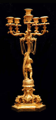 French - Two 19th Century Gold Plated Bronze 6-Candle Candelabra + Storage Wraps, Museum Quality