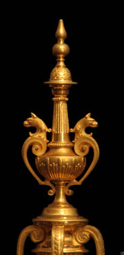 Barbedienne Style - Antique French Gold Plated Bronze Mantel Clock & Candelabra - 1860s