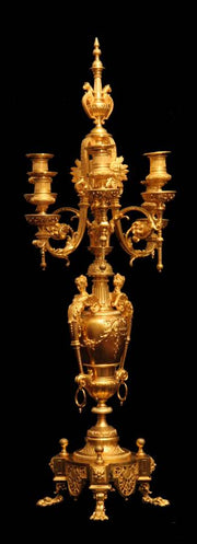 Barbedienne Style - Antique French Gold Plated Bronze Mantel Clock & Candelabra - 1860s