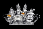 Odiot & Faberge - 9pc. French 950 Sterling Silver Tea Set + 6 Faberge Egg Espresso Cups - STUNNING !!